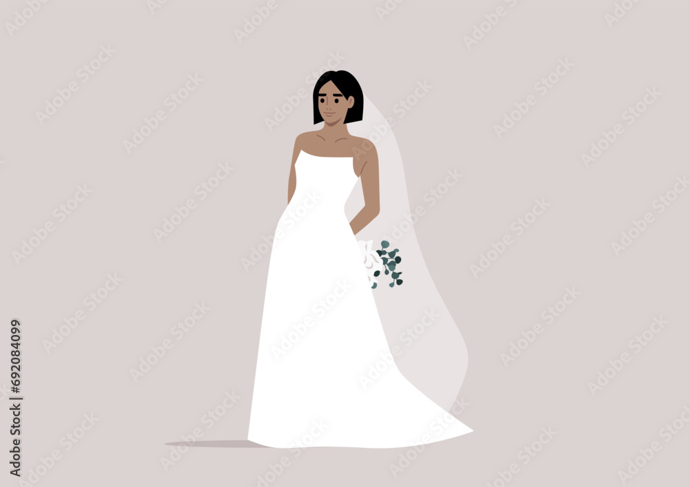 The bride gracefully adorned in a long, timeless gown and a veil, clasping a bouquet of delicate flowers The bride gracefully adorned in a long, timeless gown and a veil, clasping a bouquet of delicate flowers