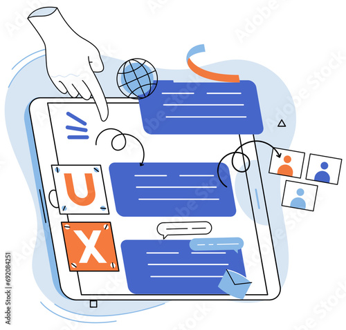 User experience design. Vector illustration. Designing software, process centered around captivating user interface User interface, conversation starter between software and its users UX UI design