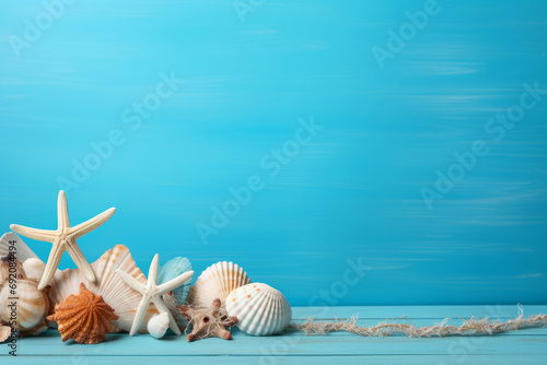Seashells and starfish on blue wooden table. Summer background. Copy space for text