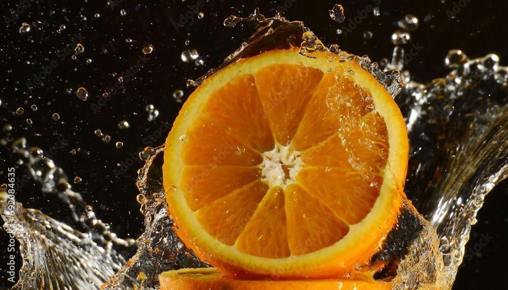 Super slow motion of orange slices collision with water splashes. Super slow motion of orange slices collision with water splashes.