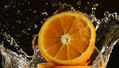 Super slow motion of orange slices collision with water splashes.