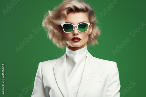Fashionable blonde woman in white suit and sunglasses on green background photo