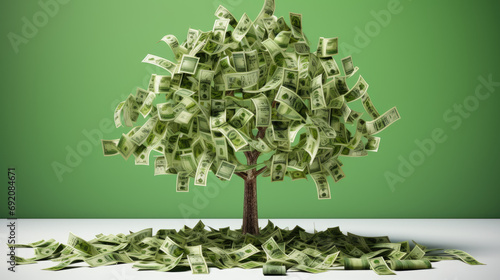 Tree with branches and leaves made out of American dollar bills against a green background