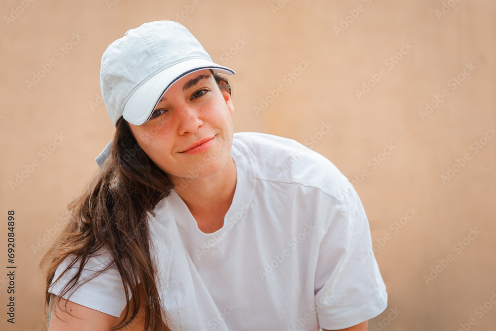 Casual woman smiling with white cap and shirt Casual woman smiling with white cap and shirt