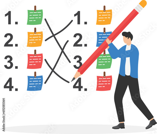 Change work schedule for best productivity, switch tasks or plans, set new priority concept, Businessman rearrange to do list sticky note on whiteboard.

