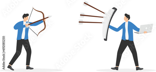 Strong and sustainable business, strategy to overcome competitors, efficient operation, unique value proposition concept, Businessman holding shield to protect arrows while working chill.

