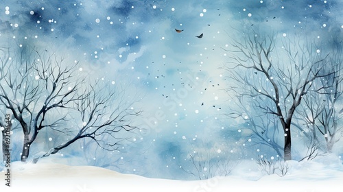 Winter watercolor background with tree and snow illustration © Viktoriia