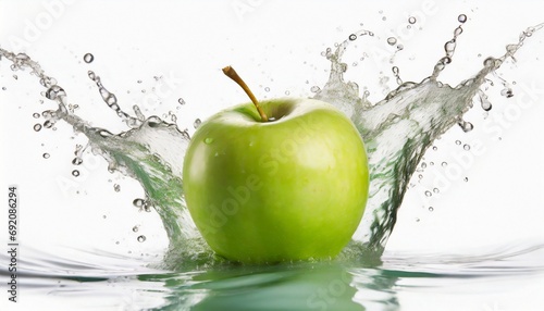 Green Apple amid splashing water. half isolated on white