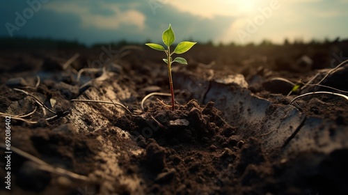 growth on small plant in dry soil, green seedling growing in barren drought dirt, new life and hope concept photo