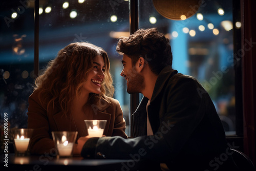 A couple in love  a man and a woman at a table in a cafe smiling at each other around a night city with lights
