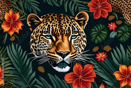 Tropical flower with a leopard head. embroidered patch sticker  front view. Textile print with a stitch texture of wild animals