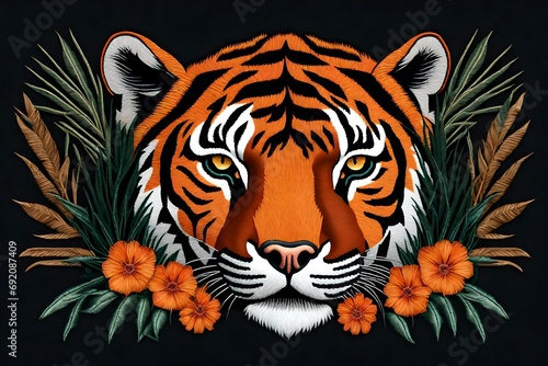 Tropical flower with tiger head. Embroidery patch sticker with front view. Textile print with orange stripes and black wild animal stitch texture. Logo of the Jungle