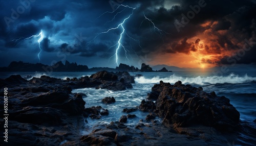 Stunning and dramatic lightning bolt illuminating the dark sky on the horizon of the sea