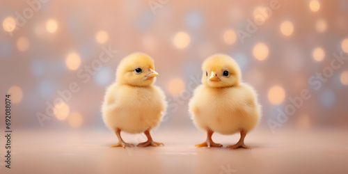 Easter cute little chicken on blurred background in trendy Peach Fuzz color. Elegant backdrop for holiday banners, posters, cards. Happy Easter concept. 