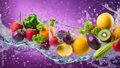 Fruits and vegetables flying with water splash purple background