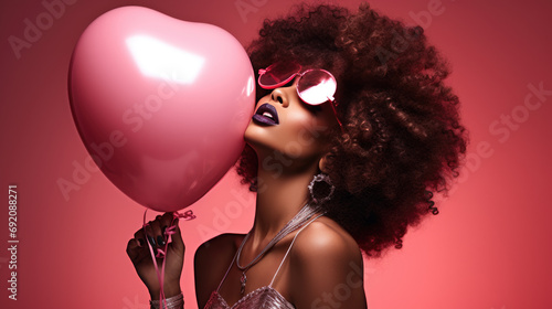 Smiling woman with curly hair, wearing pink sunglasses, holding a pink heart-shaped balloon