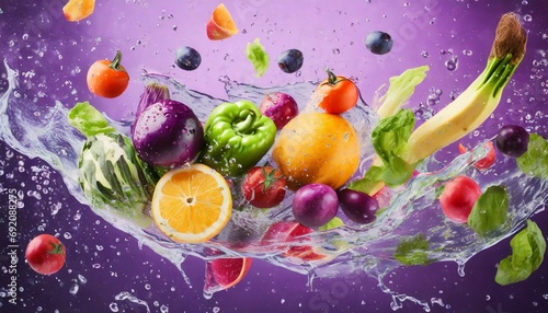 Fruits and vegetables flying with water splash purple background