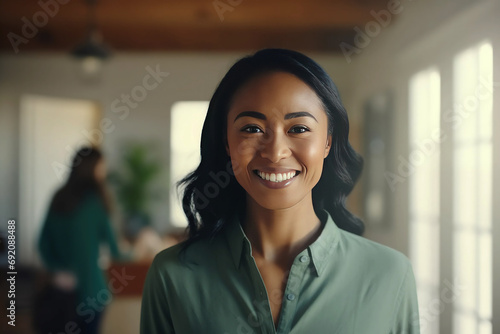 A strong confident woman in casual workwear successful business leadership collaboration corporate diversity partnership teamwork business confident and vision in modern office