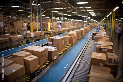 Efficient warehouse fulfillment center with conveyor belt transporting cardboard box packages © Ilja