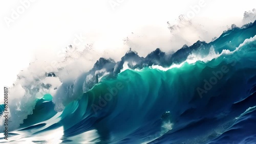 Slow motion close up ocean wave isolated on white background. Forceful barrel wave splashes beautiful crystal clear water. Copy space. Amazing shot of a large tube wave right when it breaks and crashe photo