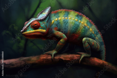 A chameleon sits on a tree branch. Exotic animal. photo