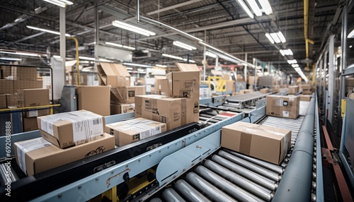 Efficient conveyor belt system transporting cardboard box packages in a bustling warehouse center photo