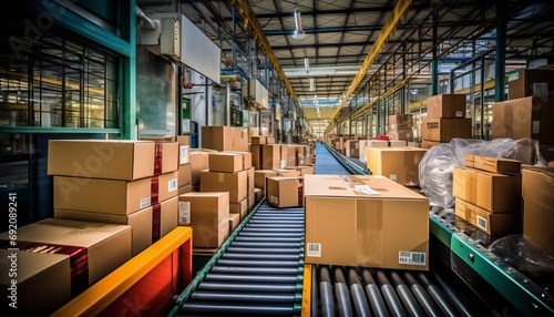Bustling warehouse fulfillment center with seamless flow of packages on conveyor system photo