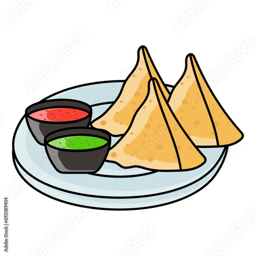 Vegetables Samosa with 2 types sauces concept, sambusaj vector color icon design, Fastfood symbol, Grab and go meals sign, Takeout takeaway snack stock illustration 