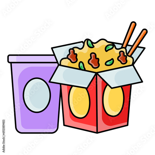 chow mein with can concept, guksu or myeon pocket with sticks vector color icon design, Fastfood symbol, Grab and go meals sign, Takeout takeaway snack stock illustration 