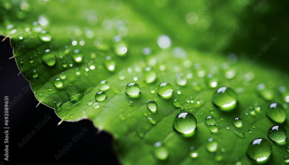 Stunning macro capture of vibrant green leaf with glistening raindrops in morning sunlight Stunning macro capture of vibrant green leaf with glistening raindrops in morning sunlight