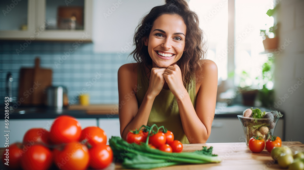 Smiling woman in a kitchen, leaning on a counter with fresh vegetables like tomatoes and lettuce, indicating a healthy cooking lifestyle. Smiling woman in a kitchen, leaning on a counter with fresh vegetables like tomatoes and lettuce, indicating a healthy cooking lifestyle.