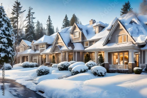 A pristine suburban neighborhood during the serene winter season in North America. 