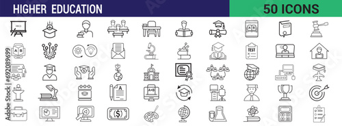 Set of 50  related to higher education outline icons, Education icon set suitable for info graphics, websites and print media. Black and white flat line icons. Linear icon collection.