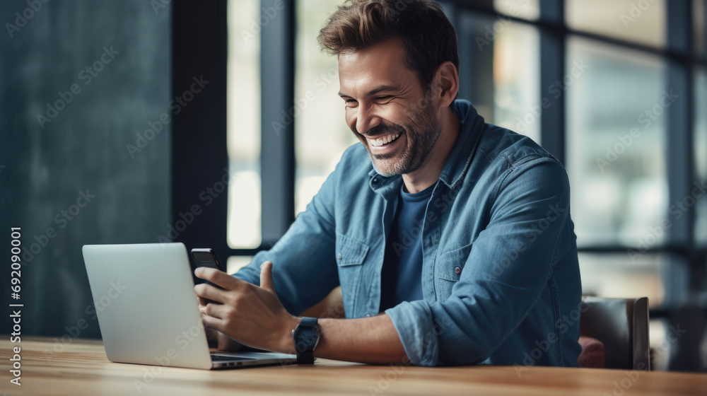 A man in a casual outfit works on a laptop in his office A man in a casual outfit works on a laptop in his office