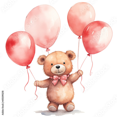 Watercolor bear holding balloons in hand