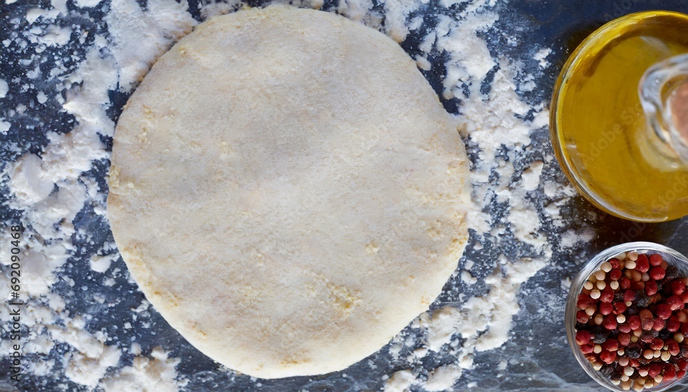 Rolled out pizza dough on floured slate surface, photographed overhead with natural light Rolled out pizza dough on floured slate surface, photographed overhead with natural light