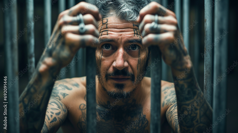 Man in prison, criminal holds hands on metal bars, looking at camera. Criminal serves term of imprisonment in prison cell. Law and justice concept.
