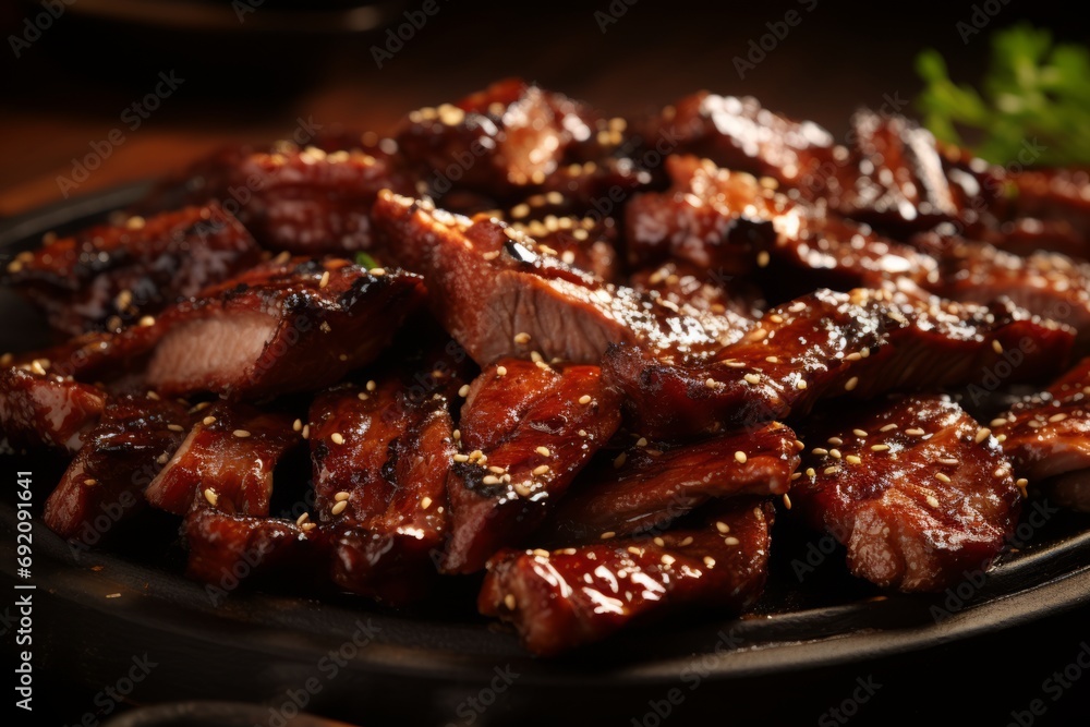 Close up shot of mouthwatering sliced barbecue pork ribs, ready to be savored with tangy sauce - obrazy, fototapety, plakaty 