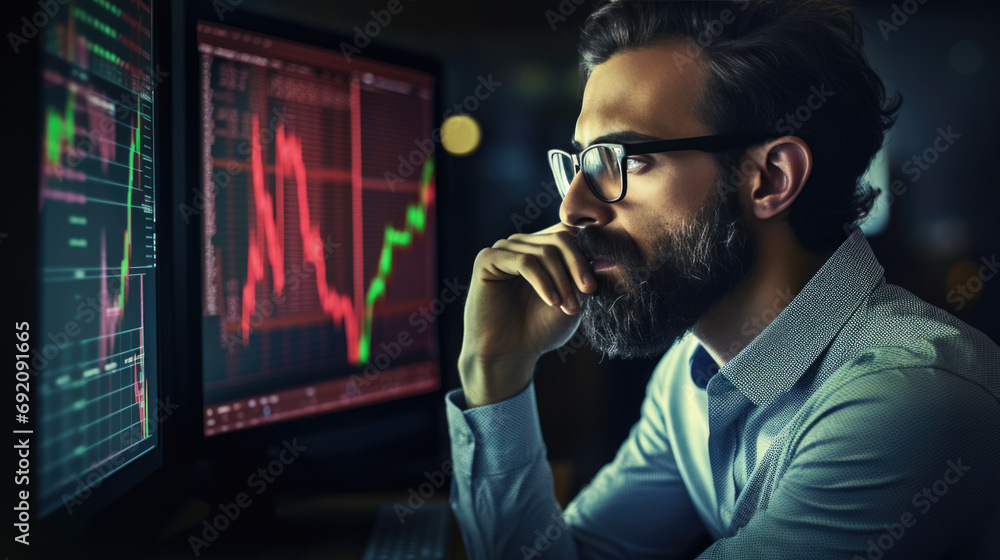 Focused man with a beard and glasses, studying stock market data on multiple computer monitors, reflecting a serious and professional trading environment. Focused man with a beard and glasses, studying stock market data on multiple computer monitors, reflecting a serious and professional trading environment.