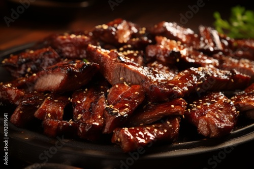 Close up shot of mouthwatering sliced barbecue pork ribs, ready to be savored with tangy sauce photo