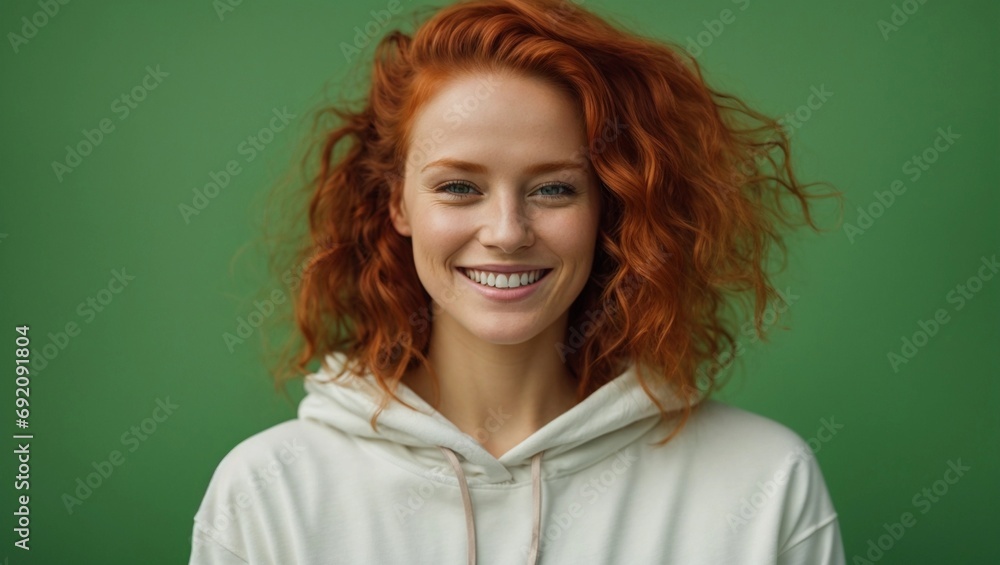 smiling redhead caucasian Woman wearing blank white hoodie isolated on solid bright green background smiling redhead caucasian Woman wearing blank white hoodie isolated on solid bright green background