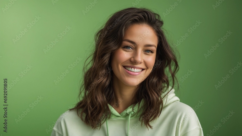 smiling brunette caucasian Woman wearing blank white hoodie isolated on solid bright green background smiling brunette caucasian Woman wearing blank white hoodie isolated on solid bright green background