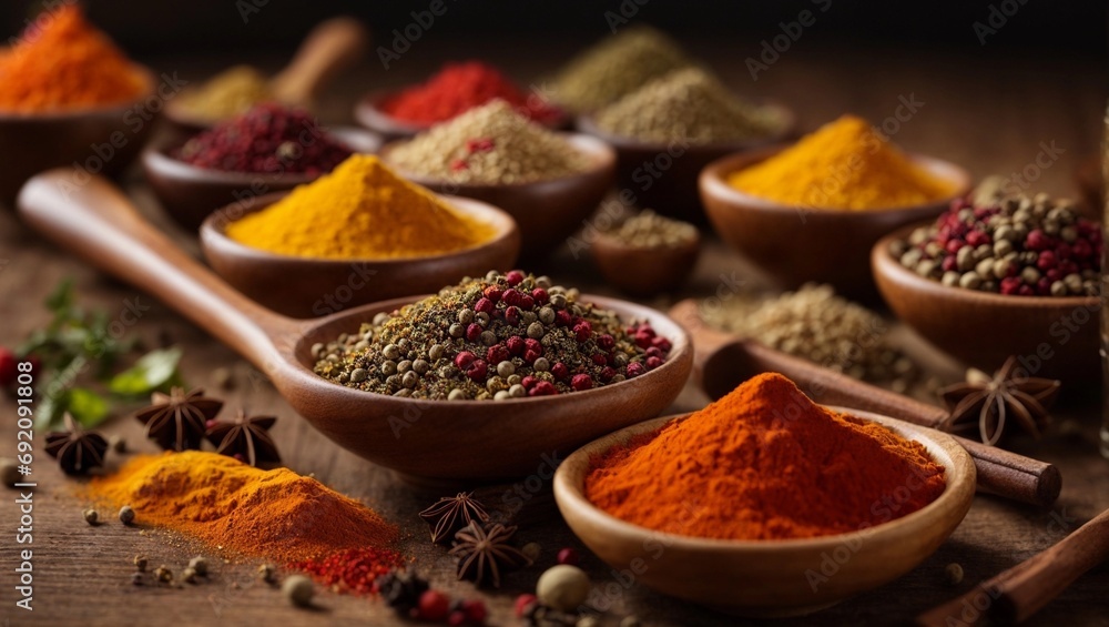 gleaming wooden spoon delicately holding a colorful assortment of aromatic spices, evoking a deep sense of culinary love