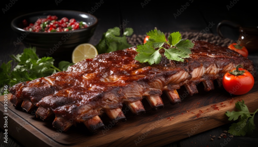 Deliciously seasoned close up of succulent roasted pork ribs, perfect for barbecue enthusiasts
