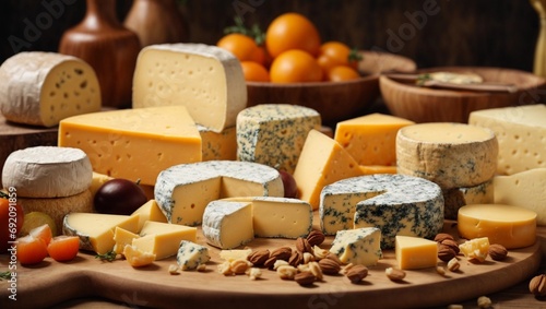 Assortment of cheese on wooden table, closeup. Dairy products. Cheese Selection. Large assortment of international cheese specialities photo
