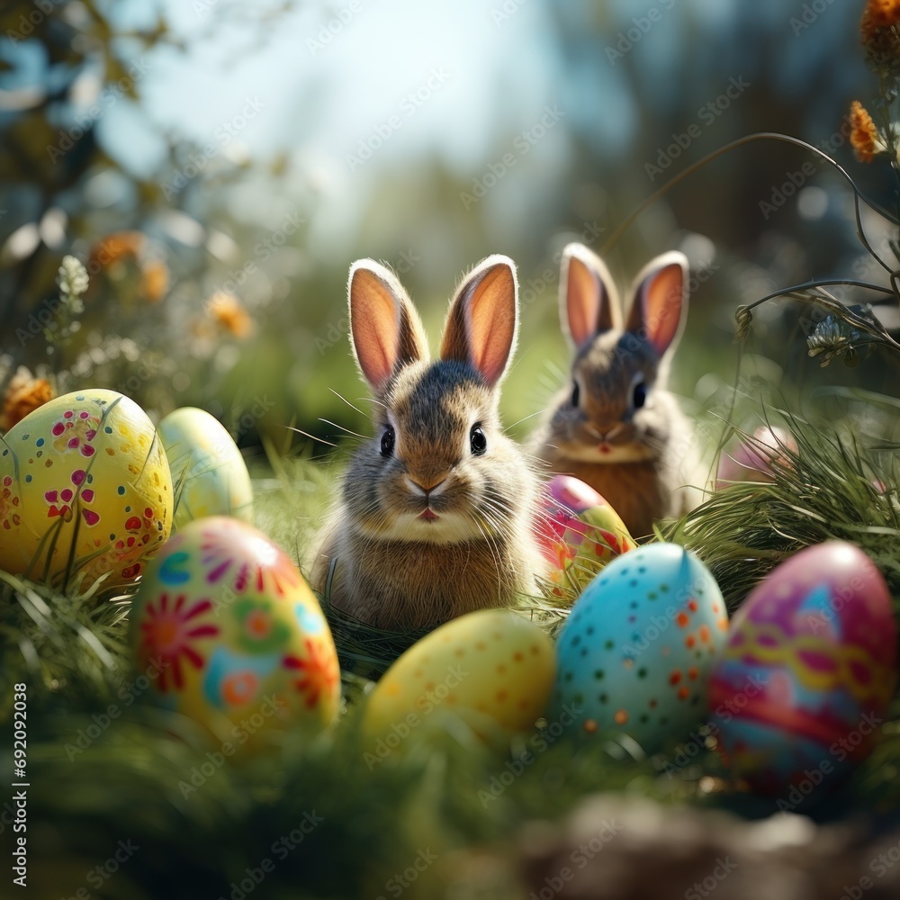 Easter bunny in green grass with painted eggs, sunny day, egg hunt, Happy Easter banner background Easter bunny in green grass with painted eggs, sunny day, egg hunt, Happy Easter banner background