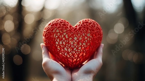 Valentine day, love holiday. Red heart in young womans hands closeup. 