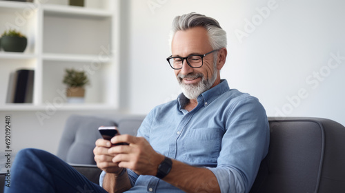 Man sits on the couch at home and smiles holding his smartphone in his hands