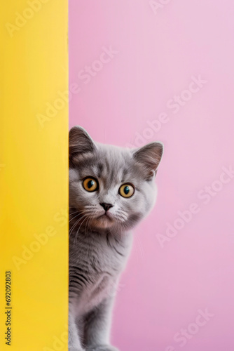 Generative AI image of a curious cat peeking around a corner photo