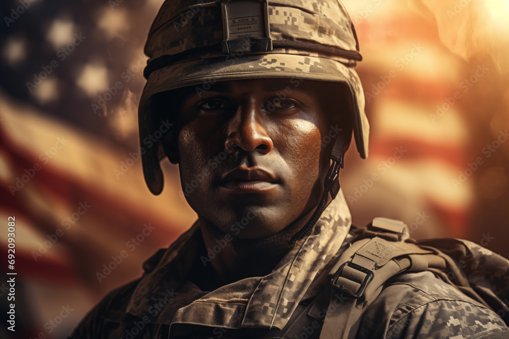 Soldier and USA flag on sunrise background. Veterans Day. Soldier and USA flag on sunrise background. Veterans Day.